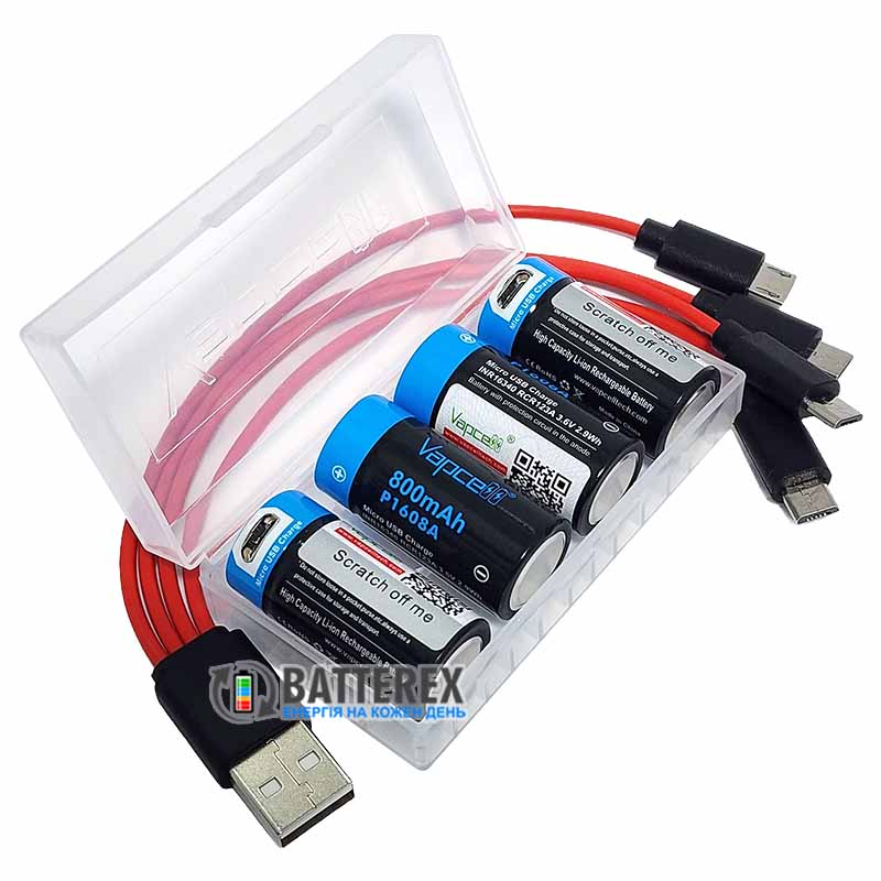 Комплект 4 аккумулятора Vapcell 16340 CR123A 800mah 3.6V с зарядкой от micro USB, зарядный кабель на 4 аккумулятора и бокс для хранения