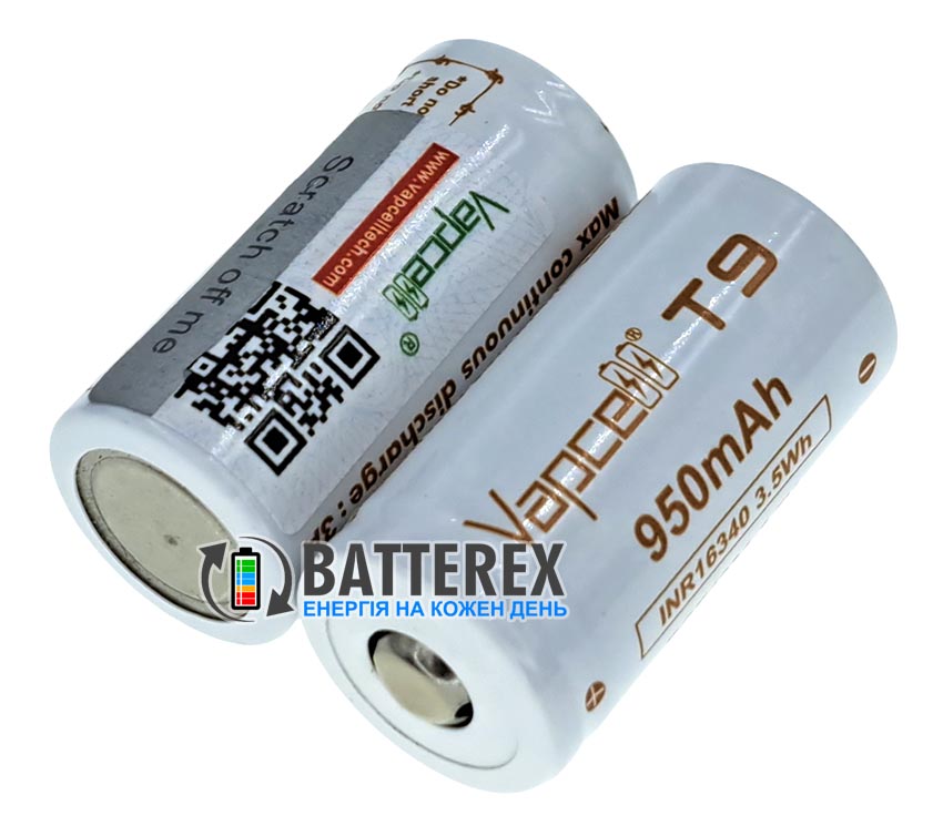 Акумулятор літій-іонний Li-ion 16340 CR123A RCR123A INR Vapcell T9 950mah 3.7V 3A