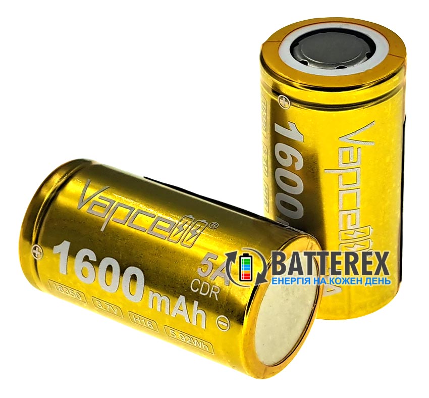 Аккумулятор Li-ion 18350 Vapcell H16 INR 1600mah 3.6V 5A максимальная ёмкость