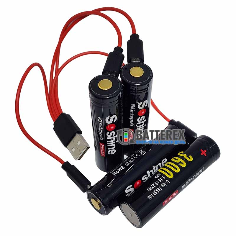 Комплект из 4х аккумуляторов 18650 Soshine 3600mah 3.7V 10A Protected с зарядкой от micro-USB