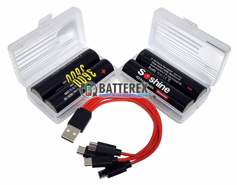 Комплект из 4х аккумуляторов 18650 Soshine 3600mah 3.7V 10A Protected с зарядкой от micro-USB, зарядный кабель на 4 аккумулятора и 2 бокса для хранения