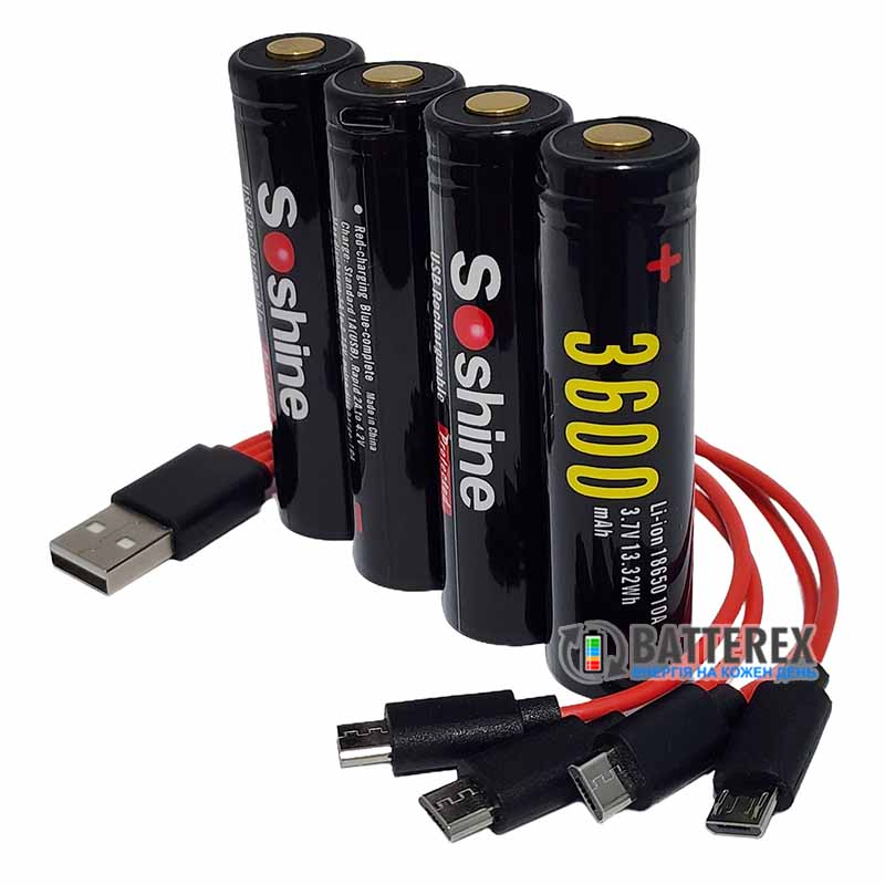 Комплект 4 аккумулятора 18650 с зарядкой от micro USB Soshine 3600mah 3.7V с защитой