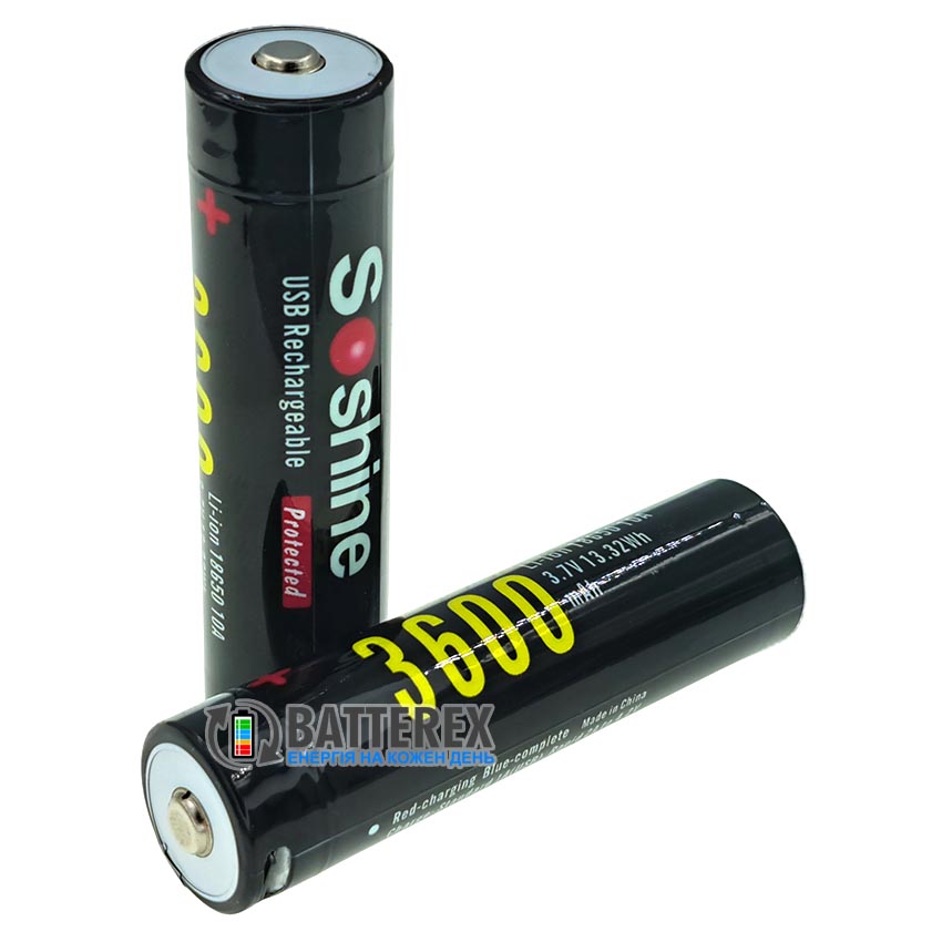 18650 Soshine 3600mah 3.7V 10A Protected USB Type-C із захистом із зарядкою від USB