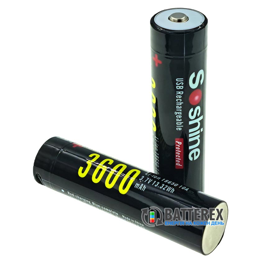 Акумулятор 18650 Soshine 3600mah 3.7V 10A Protected USB Type-C