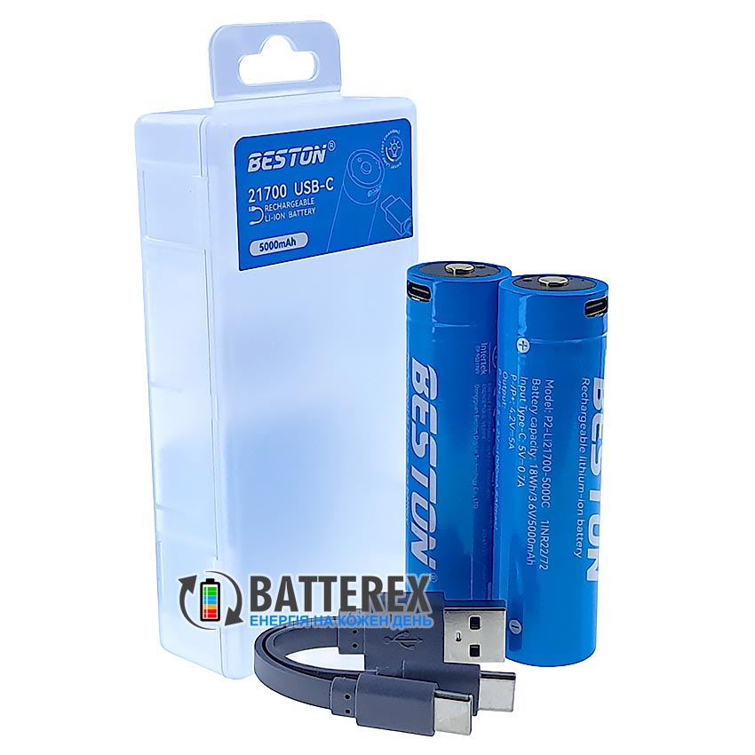 21700 Beston 5000mah 3.6V USB-C Protected із захистом із перевіркою рівня заряду та зарядкою від USB Type-C, упаковка 2 шт
