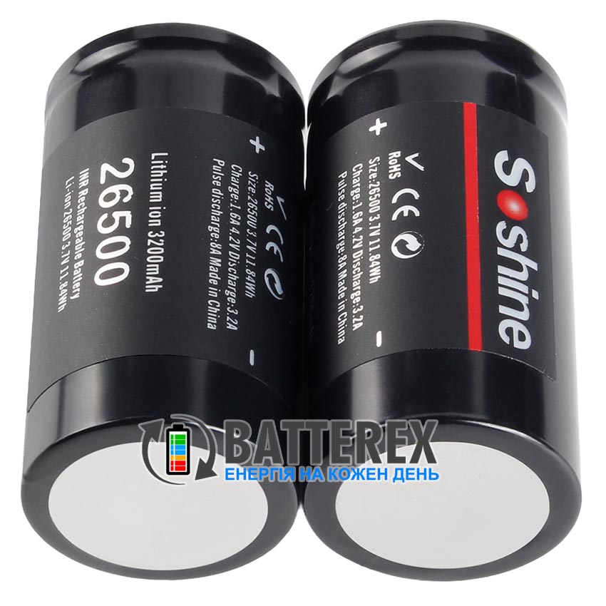 Аккумулятор Li-ion 26500 Soshine 3200mah 3.7V 6.4A без защиты