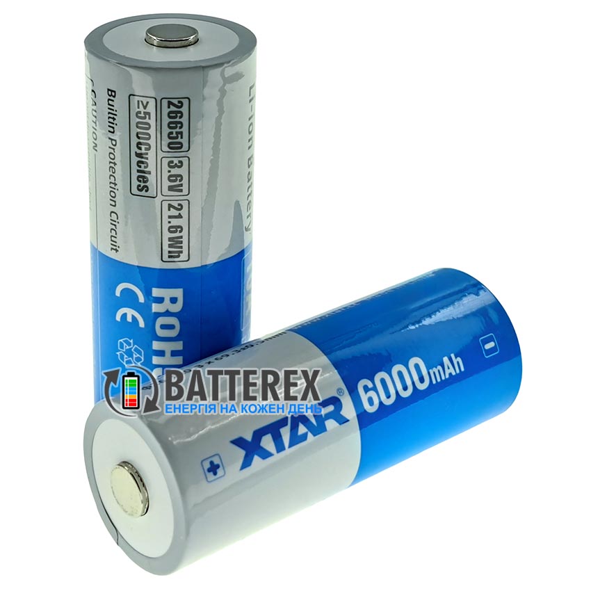 26650 XTAR 6000mah 21.6Wh 3.6V 10A Protected із захистом