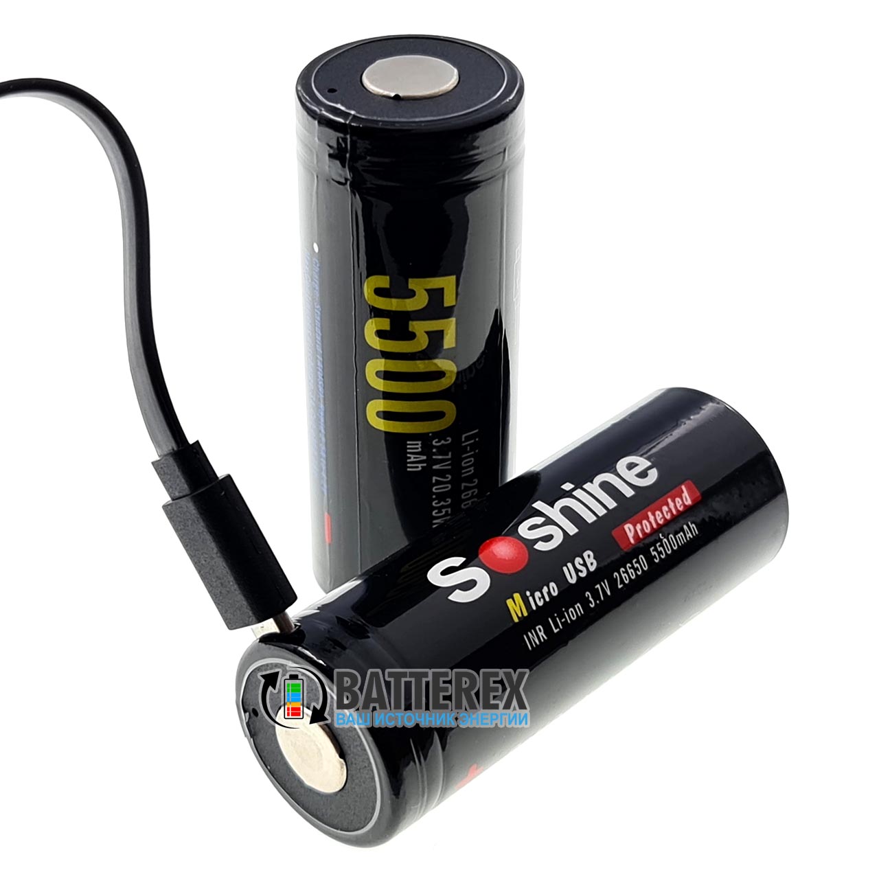 Аккумулятор 26650 с защитой и портом micro USB для подзарядки Soshine 5500mah 3,7V Protected microUSB 
