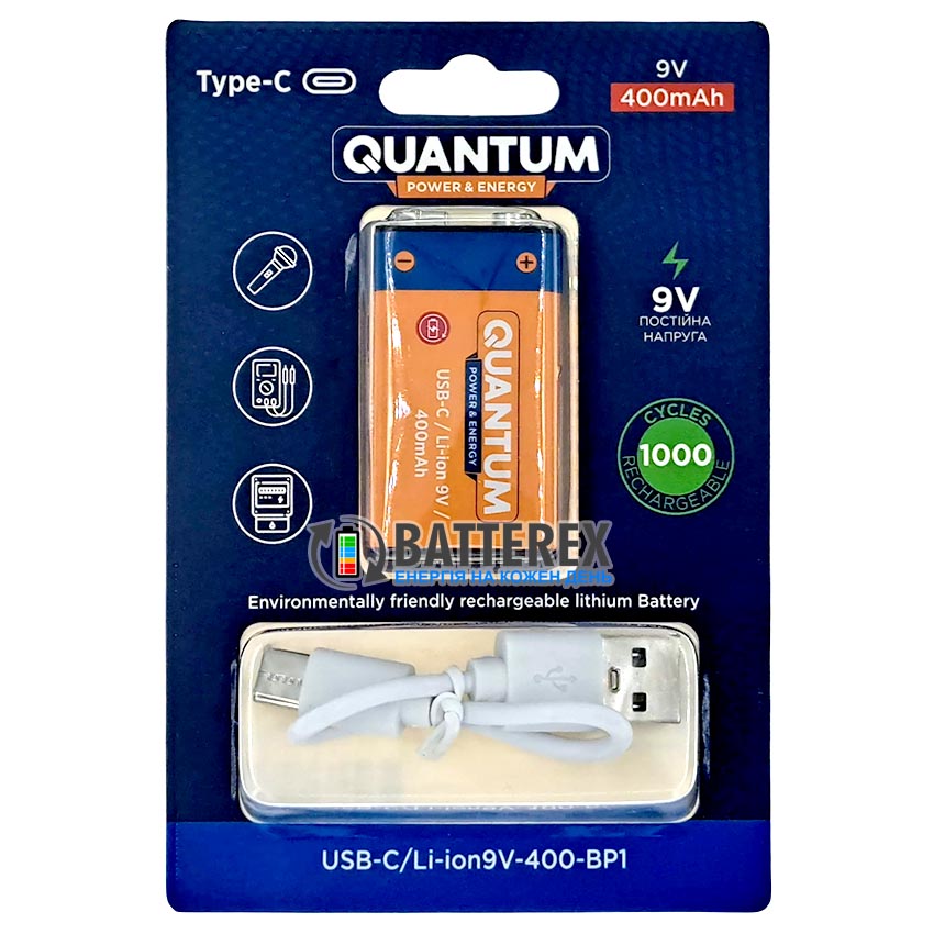 Крона Li-Ion Quantum 9V 400 mah USB Type-C
