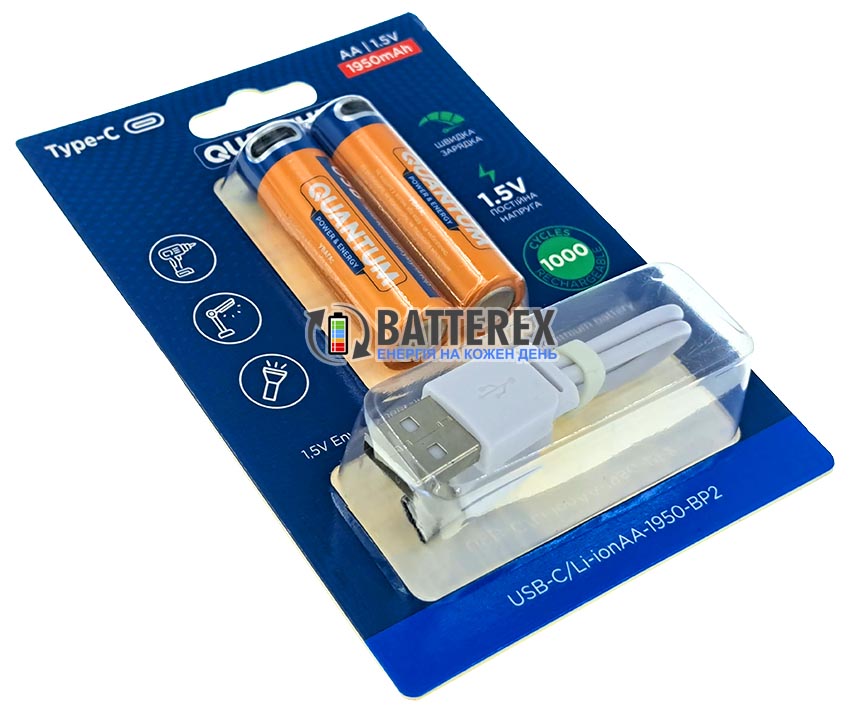 Купить аккумуляторы AA 1.5В с зарядкой от USB Type-C Quantum 1950mah 1.5V комплект 4 шт