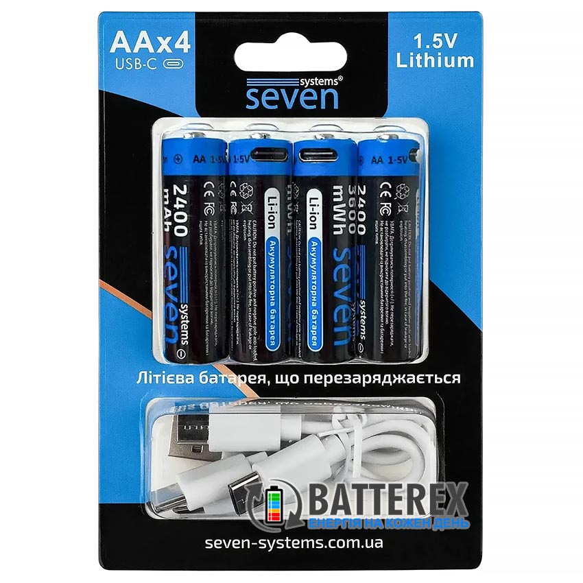 Акумулятори AA 1.5В USB Type-C Li-ion Seven Systems 3600mWh 2400mah 1.5V упаковка 4 шт