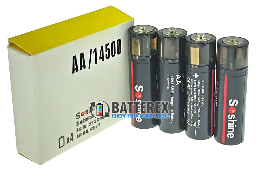 Литиевый USB АА аккумулятор 1.5В AA Li-ion Soshine 1500mWh 1.5V USB-A с зарядкой USB