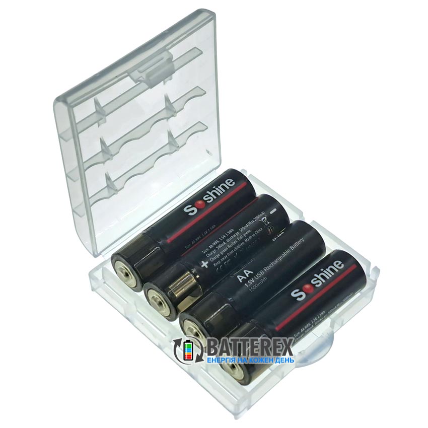 Литиевые USB аккумуляторы AA Li-ion Soshine 1500mWh 1.5V USB-A, комплект 4 шт. в пластиковом боксе