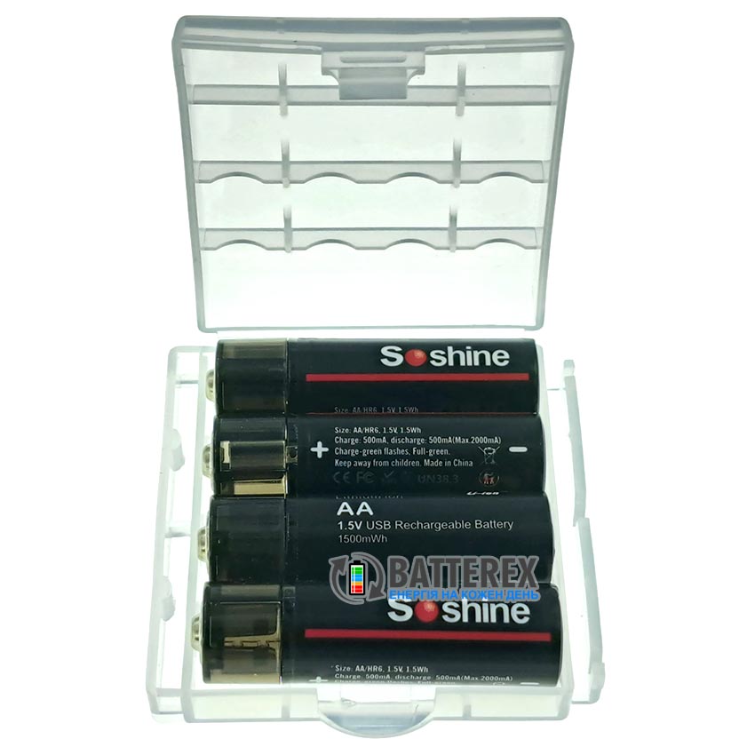 USB аккумуляторы AA Li-ion Soshine 1500mWh 1.5V USB-A, комплект 4 шт. в пластиковом боксе