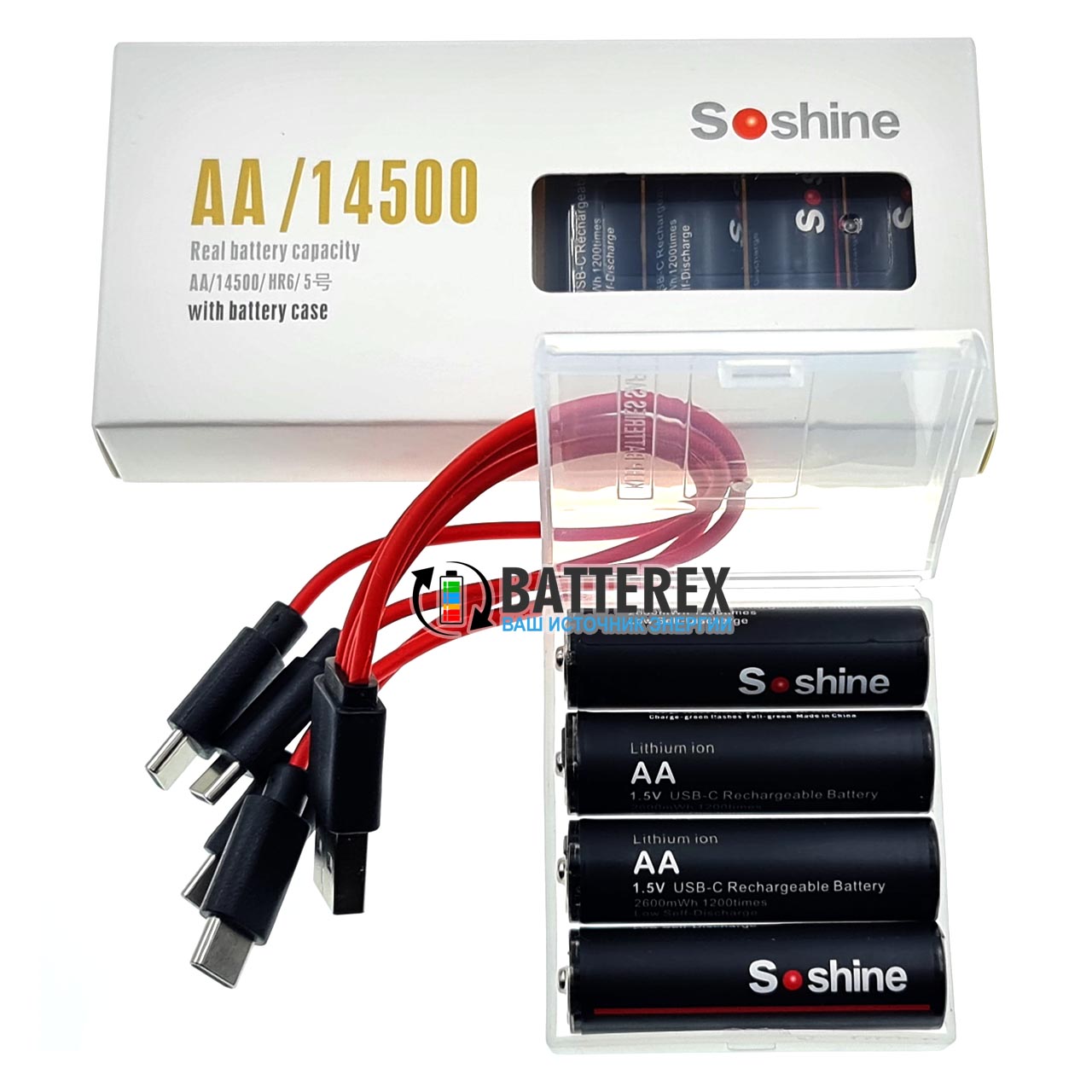 Пальчиковые АА Li-ion аккумуляторы Soshine 2600mWh 1.5V со встроенной зарядкой USB Type-C