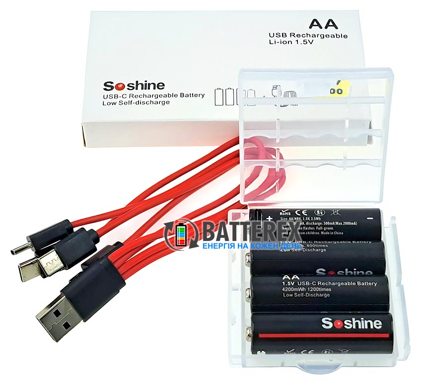 Пальчикові АА Li-ion акумулятори Soshine 4200mWh 2700mAh 1.5V із вбудованою зарядкою USB Type-C