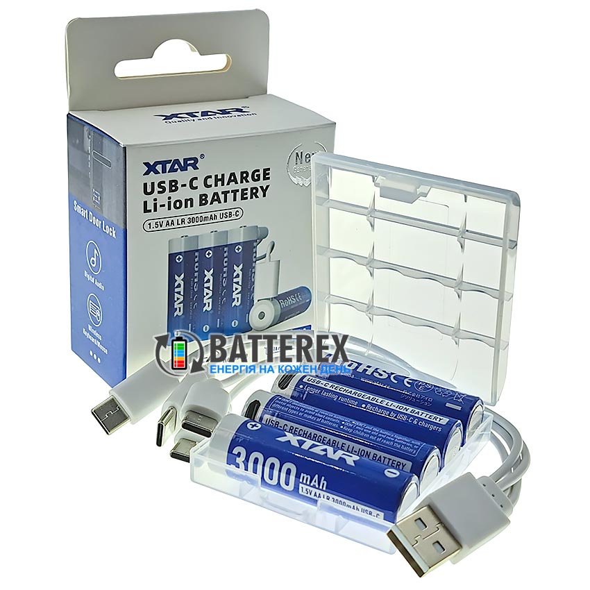 акумулятори AA Li-ion XTAR 3000mAh 1.5V LR USB Type-C оригінальний комплект 4 шт із кабелем та боксом