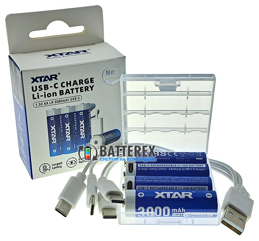 AA Li-ion XTAR 3000mAh 1.5V LR USB Type-C комплект 4 шт.