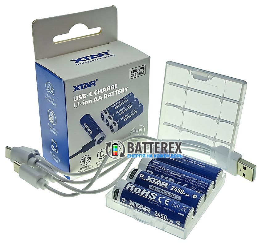 Акумулятори AA Li-ion XTAR 4100mWh 2450mAh 1.5V USB Type-C фірмовий комплект 4 шт із кабелем та боксом