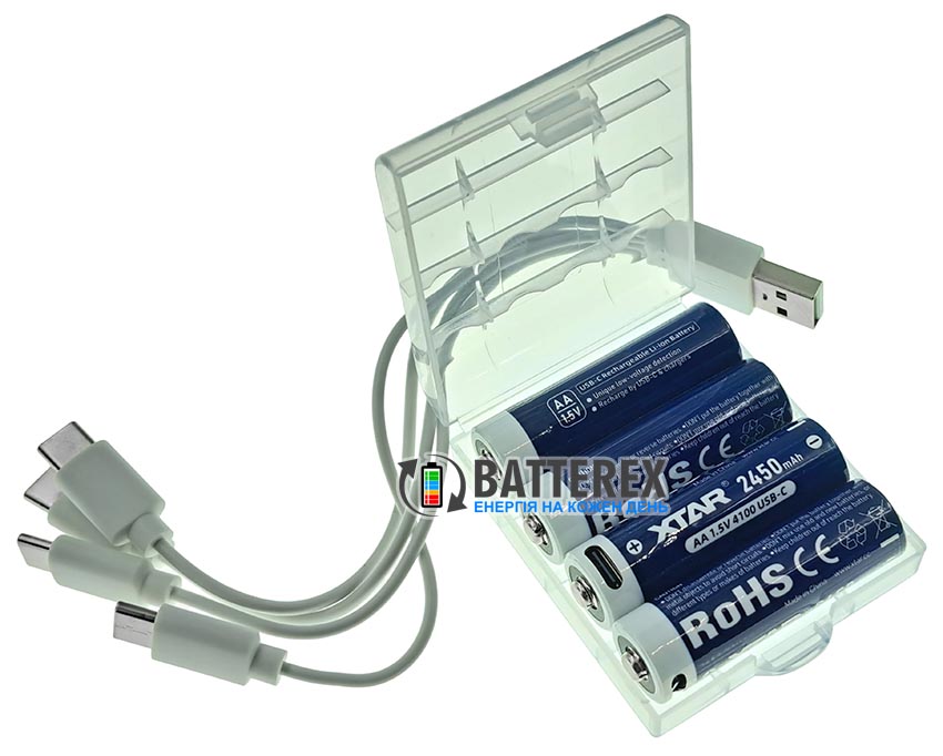 Комплект 4 акумулятори AA Li-ion XTAR 4100mWh 2450mAh 1.5V із зарядкою від USB Type-C