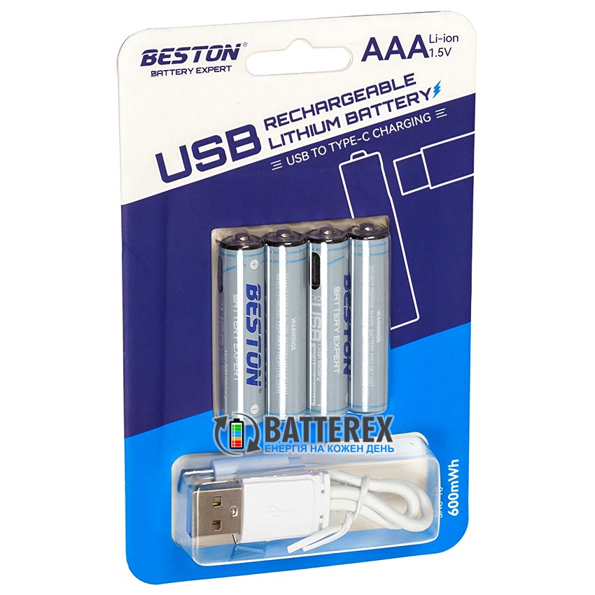 AAA Li-ion Beston 1.5V 600mWh із зарядкою від USB Type-C