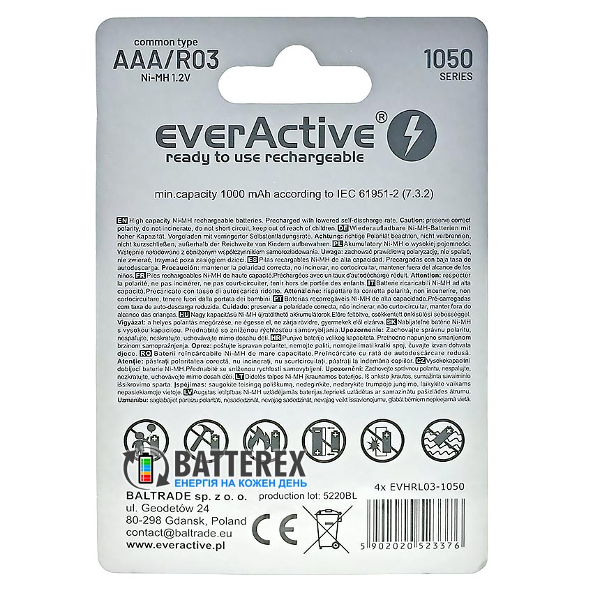 Аккумуляторы ААА EverActive Professional Line 1050 mah - упаковка 4 шт. в картонном блистере