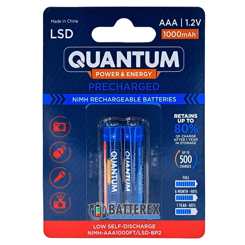 Технічні промислові ААА акумулятори Quantum 1000mah NiMH 1.2V High Flat Top упаковка 2 шт