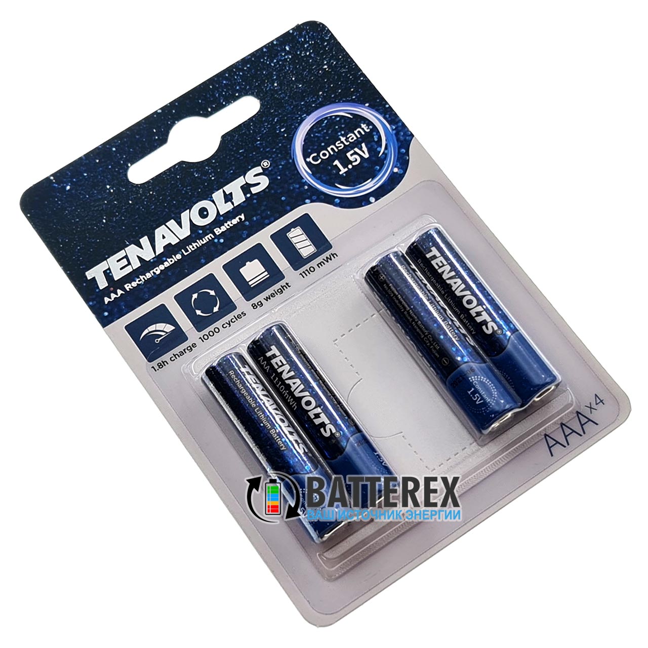 AAA Li-ion Tenavolts 1110mWh 740mah 1.5V, постоянное напряжение 1.5В, упаковка 4 шт.