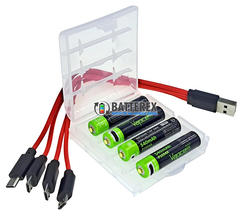 Літієві USB ААА акумулятори 1.5V Li-ion Vapcell P1054 800mWh 540mah 1.5V Micro-USB  із постійною напругою 1.5В та зарядкою від USB, комплект 4 акумулятори, зарядний кабель та бокс