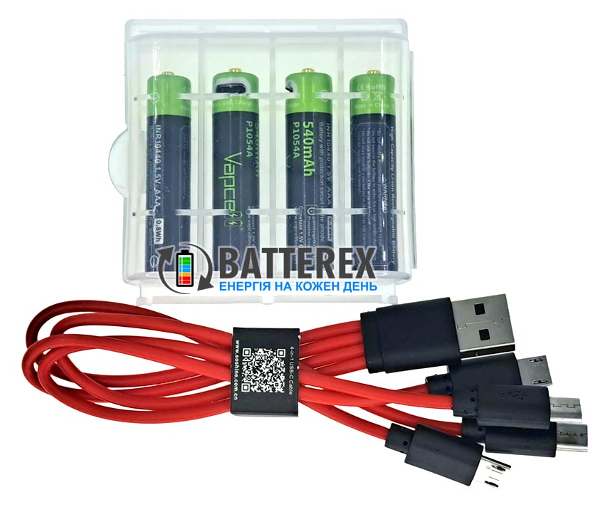 Литиевые USB ААА аккумуляторы 1.5В AAA Li-ion Vapcell P1054 800mWh 540mah 1.5V Micro-USB