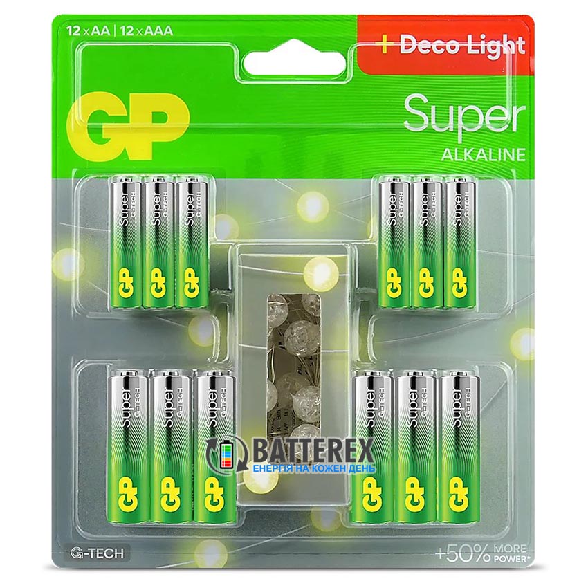 Новогодний набор щелочных батареек 24шт. GP Super Alkaline G-TECH 12xAA + 12xAAA + LED-гирлянда 2м в блистерной упаковке