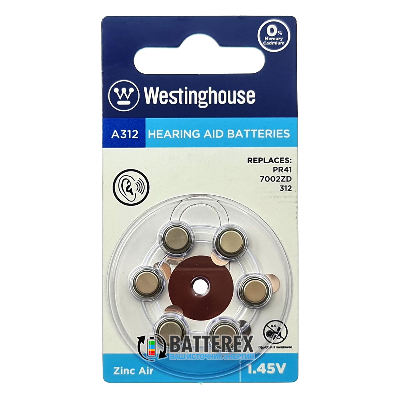 Батарейка A312 Westinghouse Zinc Air 1.45V для слуховых аппаратов - 6 шт. в упаковке