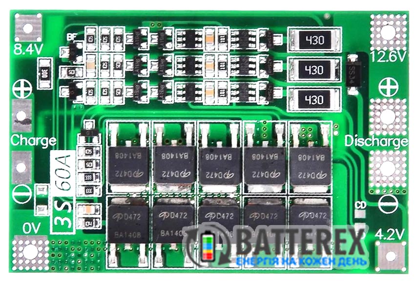 BMS 3S 60A 11.1-12.6V з балансуванням для 3-х акумуляторів Li-ion
