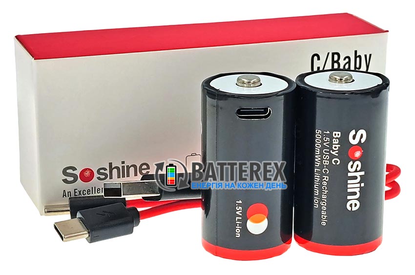 C R14 Li-ion Soshine 5000mWh 1.5V Protected USB Type-C із захистом та зарядкою від USB Type-C, комплект 2 акумулятори та зарядний кабель