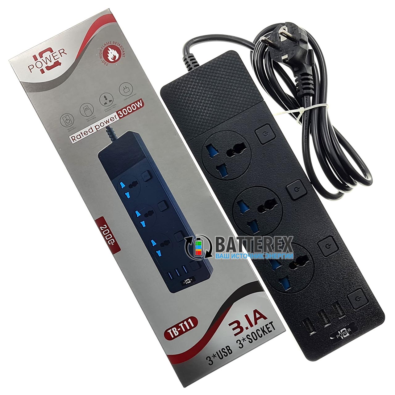 Сетевой фильтр - удлинитель IQ Power TB-T11 на 3 розетки и 3 USB-порта