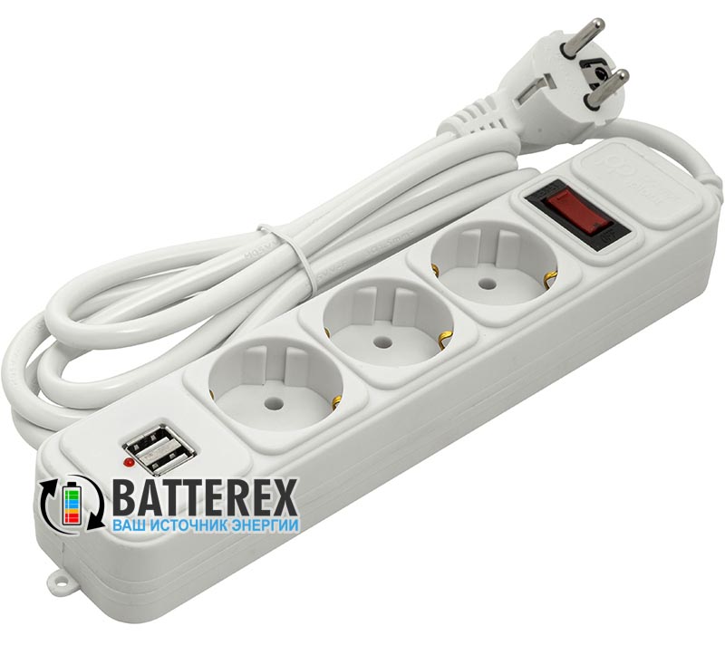 Сетевой фильтр - удлинитель PowerPlant на 3 розетки и 2 USB-порта 5V 2.1A