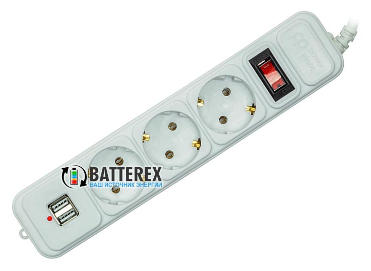 Сетевой фильтр - удлинитель PowerPlant на 3 розетки и 2 USB-порта 5V 2.1A