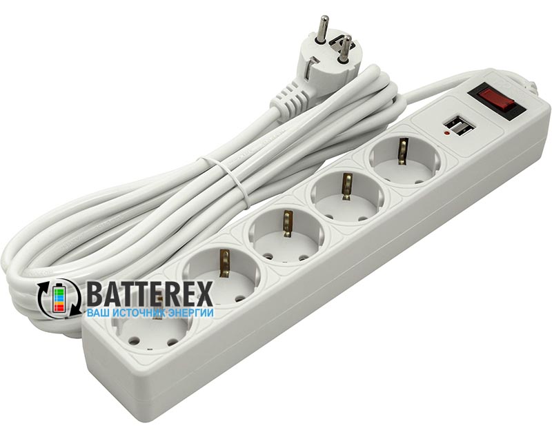 Сетевой фильтр - удлинитель PowerPlant на 5 розеток и 2 USB-порта 5V 2.1A