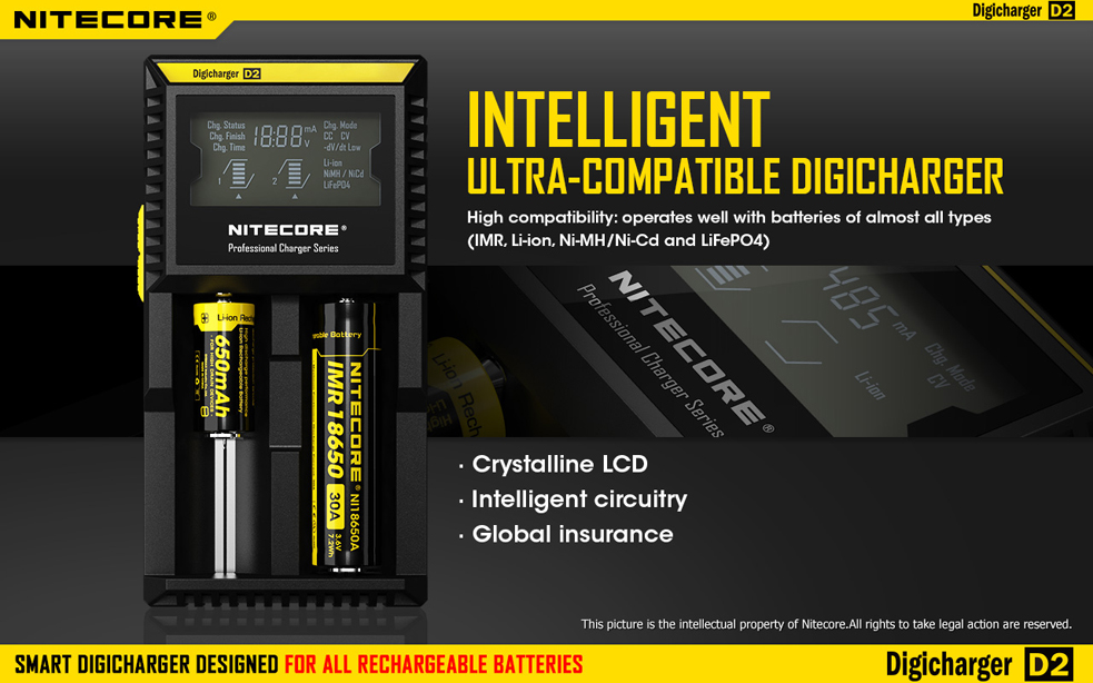 Nitecore D2 - универсальное зарядное устройство с дисплеем на 2 аккумулятора Li-ion / NiMH
