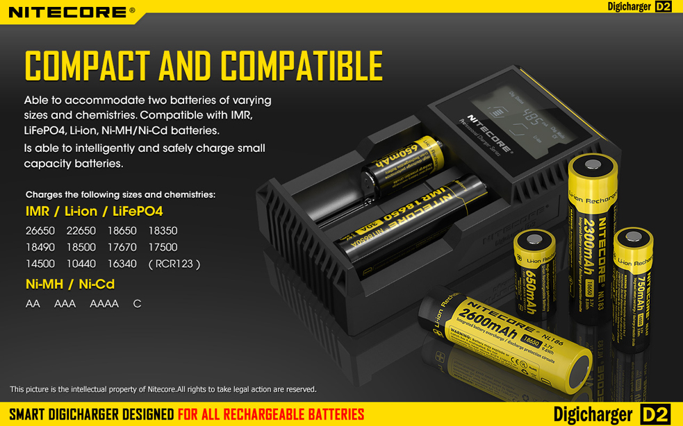 Nitecore D2 - универсальное зарядное устройство с дисплеем на 2 аккумулятора Li-ion / NiMH