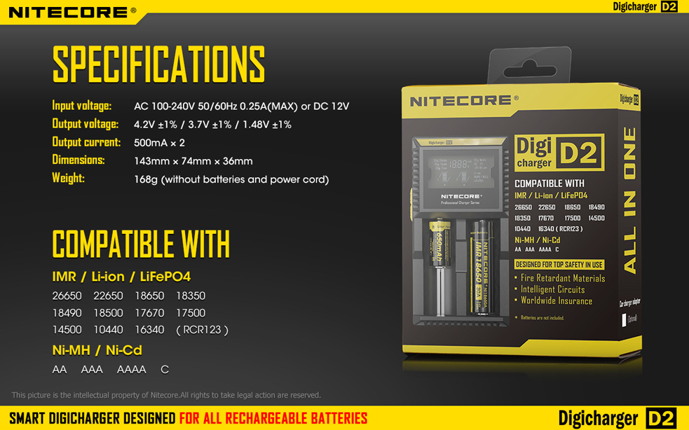 Nitecore D2 - универсальное зарядное устройство с дисплеем на 2 аккумулятора Li-ion / NiMH