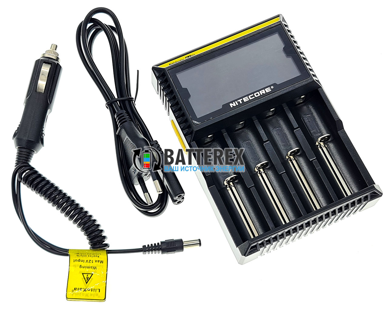 Nitecore D4 - зарядний пристрій на 4 акумулятори NiMH/Li-ion/LiFePO4 + автоадаптер Liitokala 12V