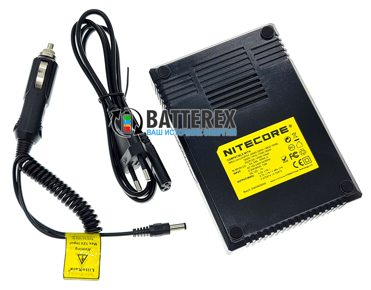 Nitecore D4 - зарядний пристрій на 4 акумулятори NiMH/Li-ion/LiFePO4 + автоадаптер Liitokala 12V