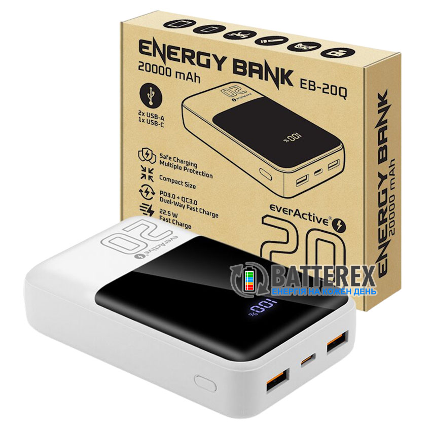 Повербанк із швидким зарядом EverActive Energy Bank EB-20Q 20000 mAh 22.5W QC+PD