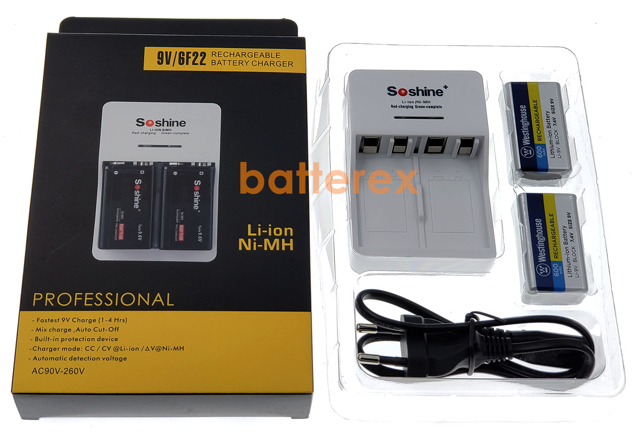 Зарядное устройство Soshine SC-V1 и 2 аккумулятора Крона Li-ion Westinghouse 600mah