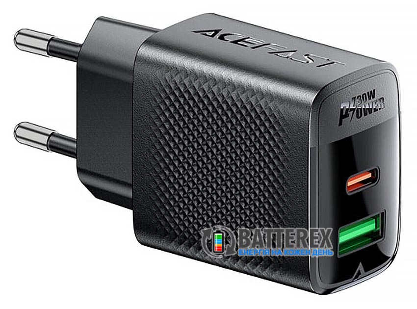 Сетевой USB адаптер ACEFAST A98 GaN Fast Dual Port Charger C+U PD 30W Black