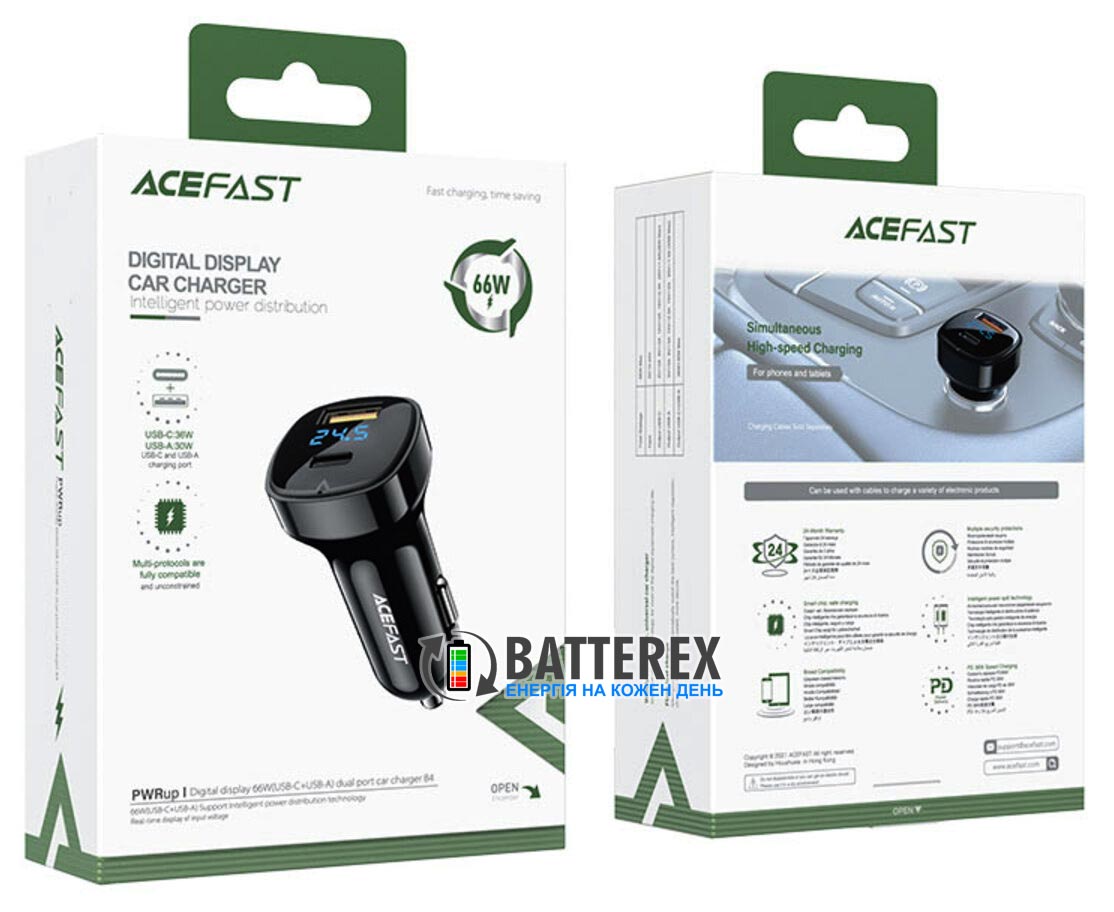 ACEFAST B4 Digital Display Dual Port Charger C+U PD 12-24V 66W Black