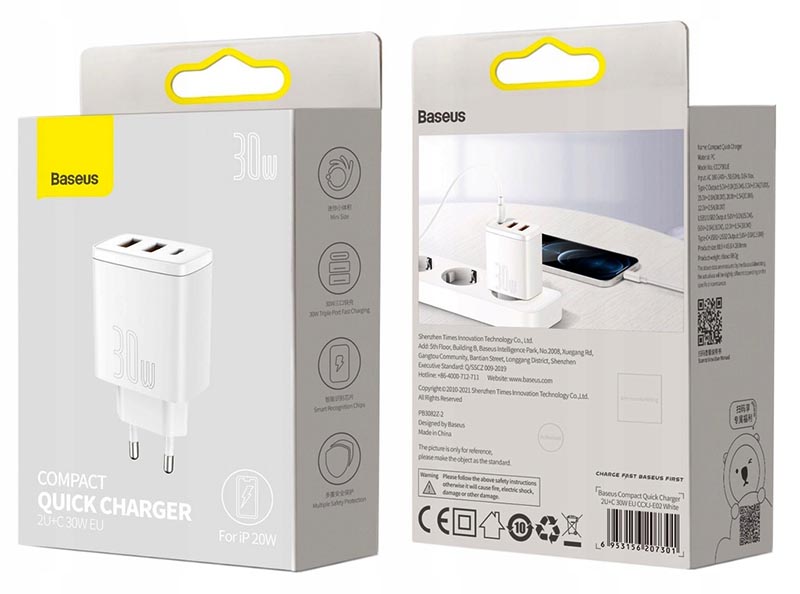 Зарядное устройство USB на 3 порта Baseus Compact Quick Charger 2U+C 30W White